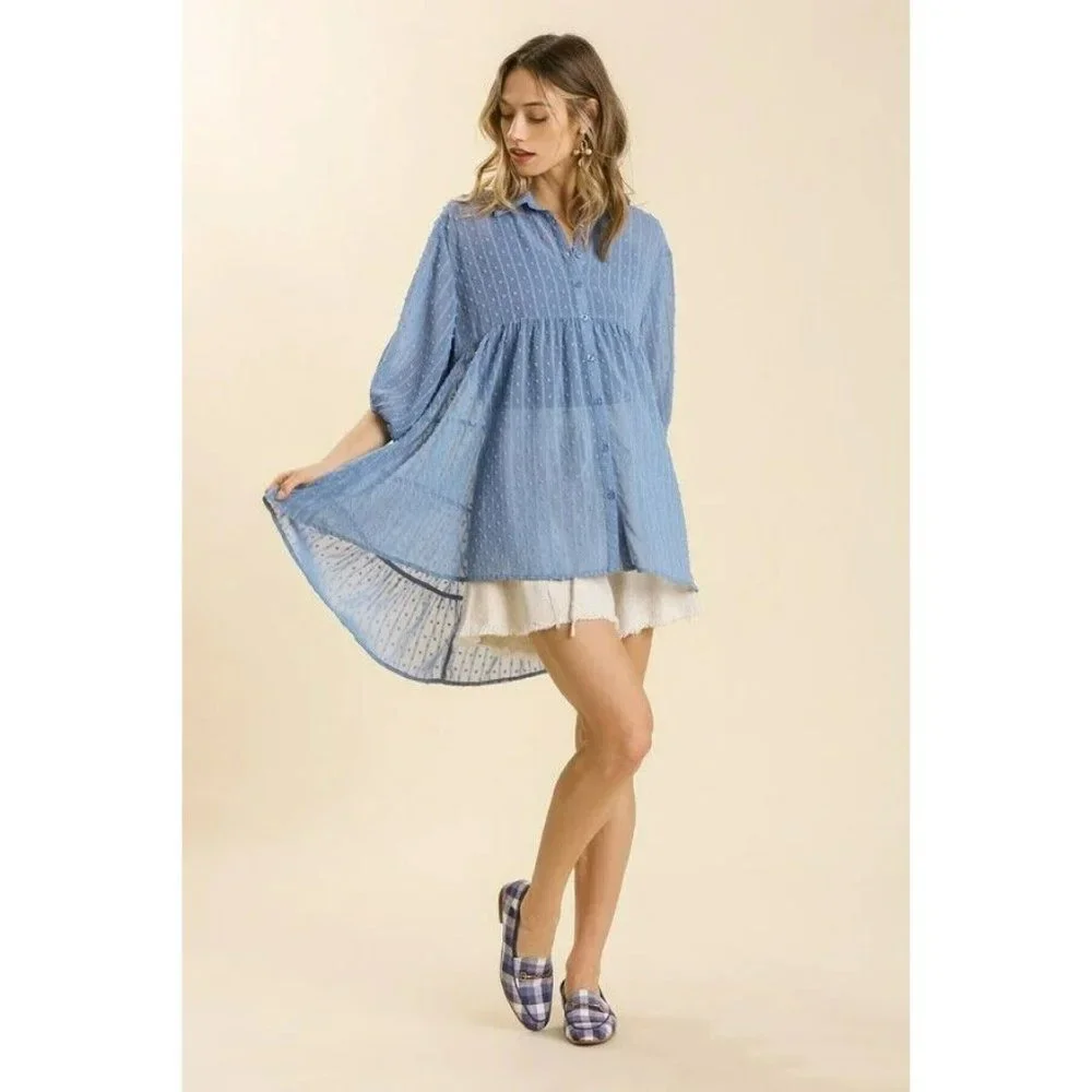 UMGEE Dusty Blue Swiss Dot Chiffon Tiered BOHO Tunic Top Size Medium NEW - Picture 3 of 11